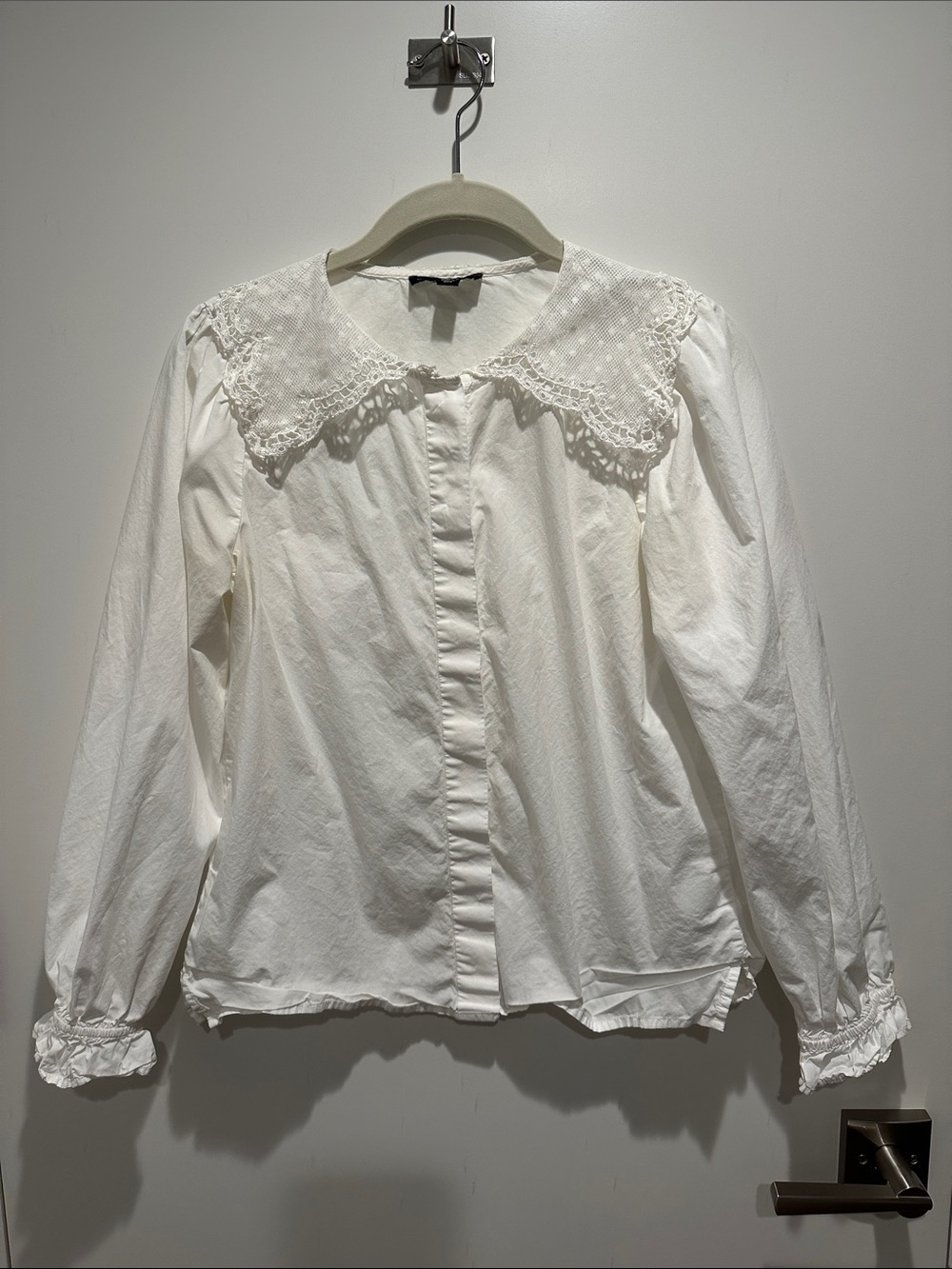 J. Crew White Cotton Button-Front Blouse with Lace Collar